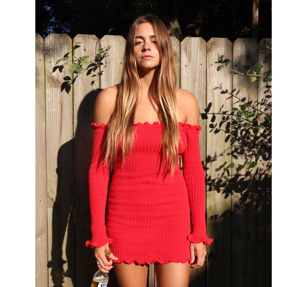 Red Ribbed Bardot Dress - Picture 2 of 4